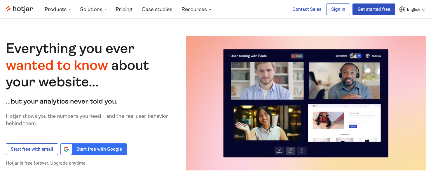 Screenshot of the Hotjar webpage