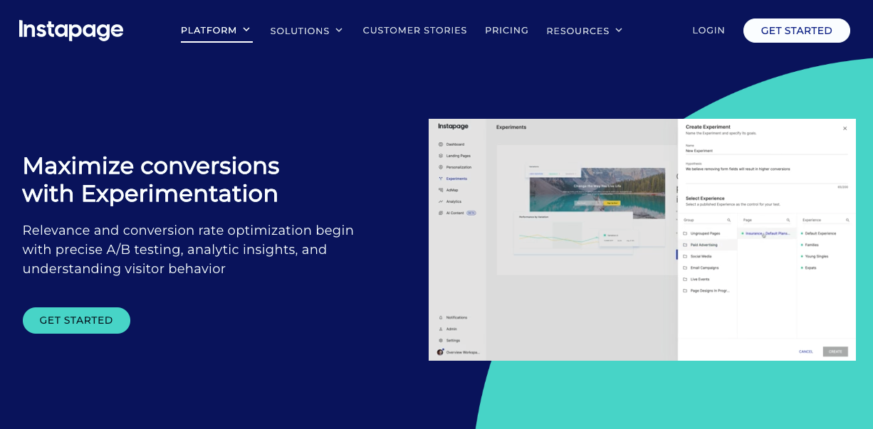 Screenshot of the Instapage webpage