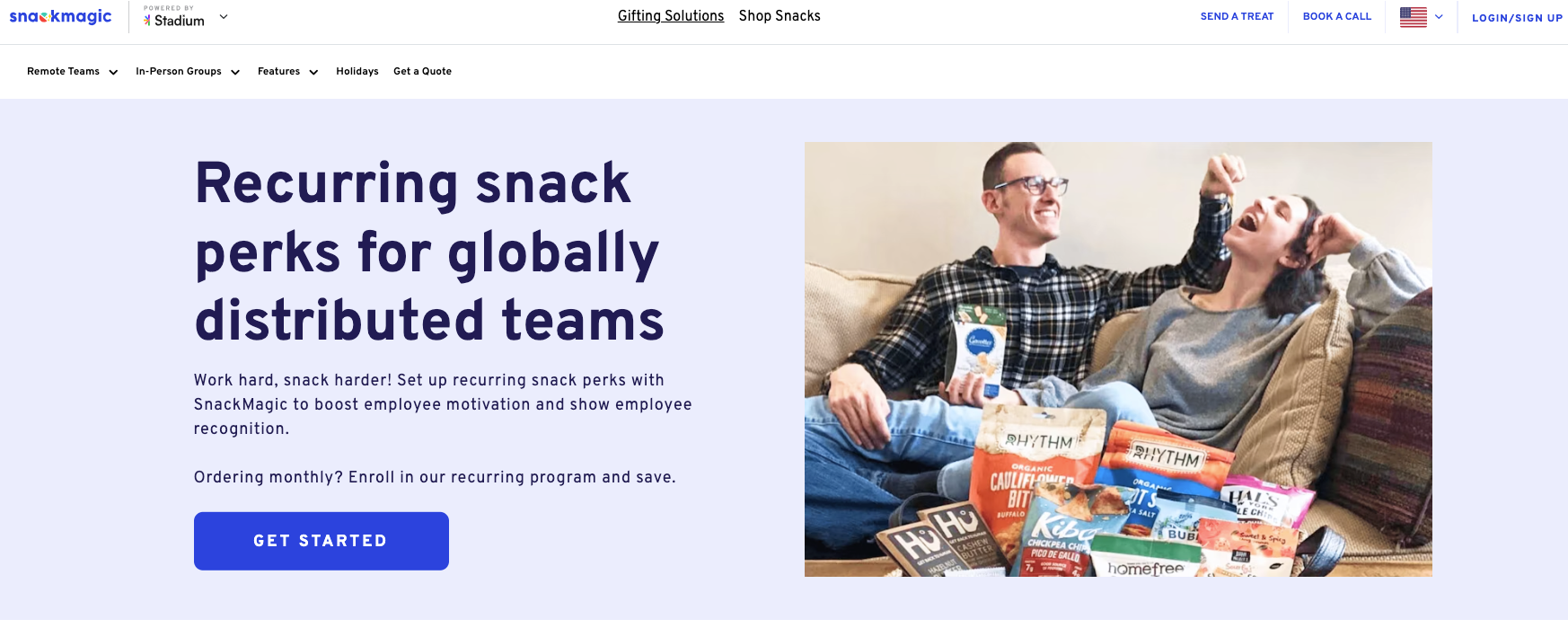 Thumbnail screenshot of the top of a SnackMagic landing page