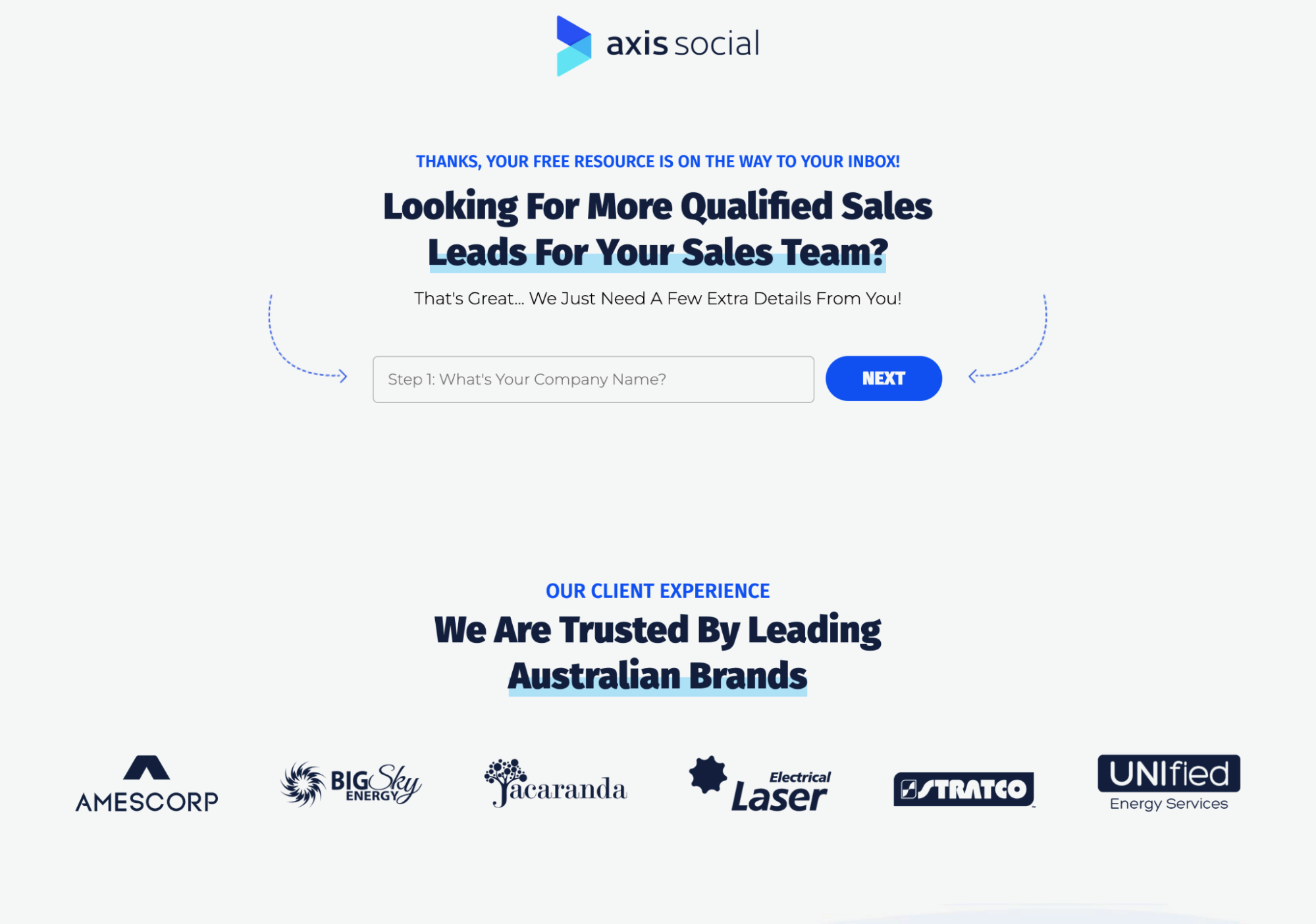 Axis social thank you landing page example